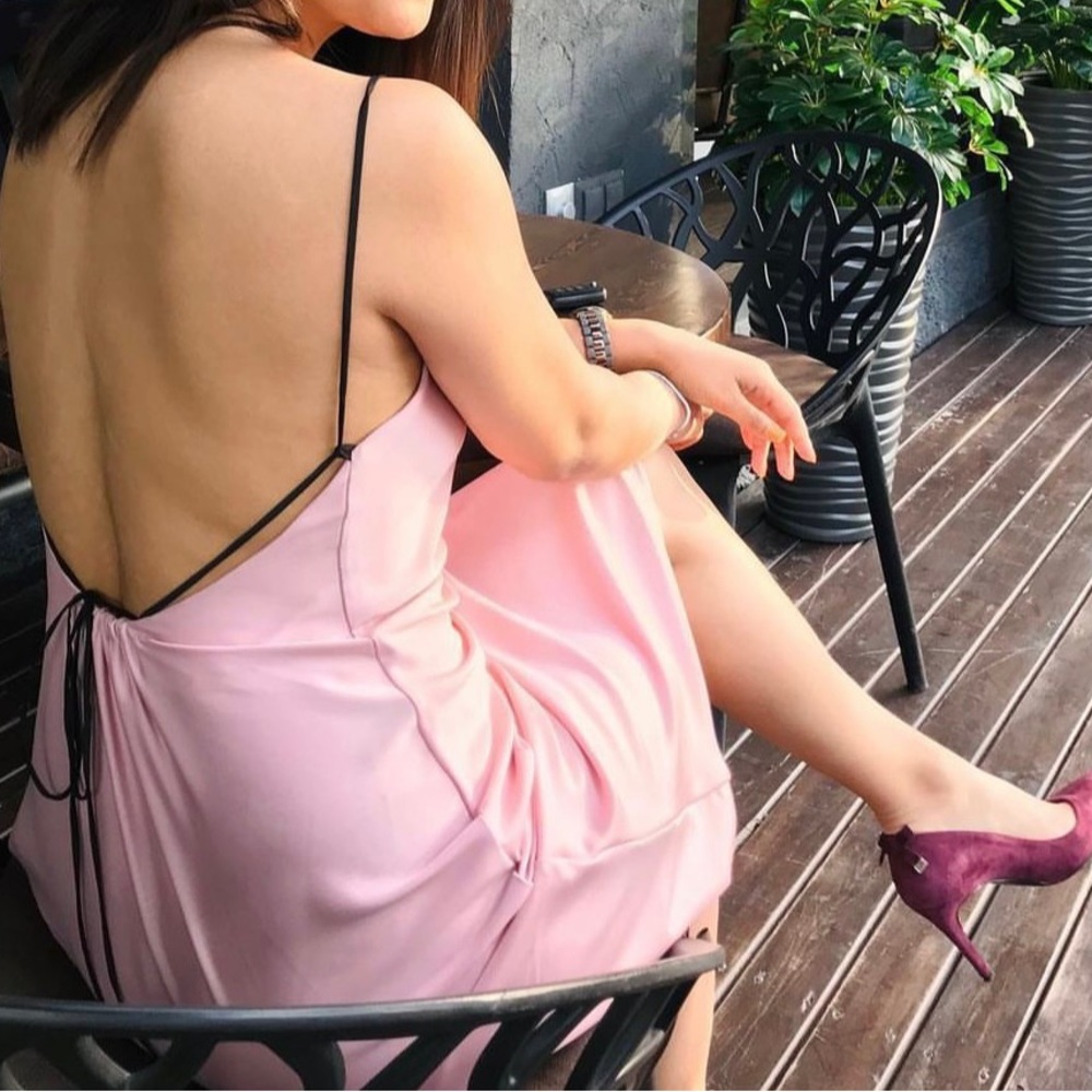 Soft pink silk dress.